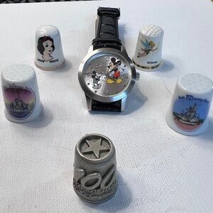 Disney Mickey Mouse Silver Watch with Black Strap & vintage friends of thimbles